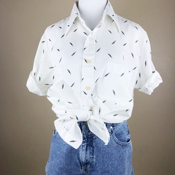 Vintage} Button Front Feather Short Sleeve Shirt - Picture 1 of 6